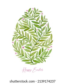Green Plant Ornamental Easter egg. Floral Pattern Easter egg  watercolor illustration