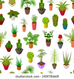 Green Plants In Pot Seamless Pattern Background On A White 3d Isometric View Element Decoration Interior For Home, Shop Or Office. Illustration Of Potted Plant