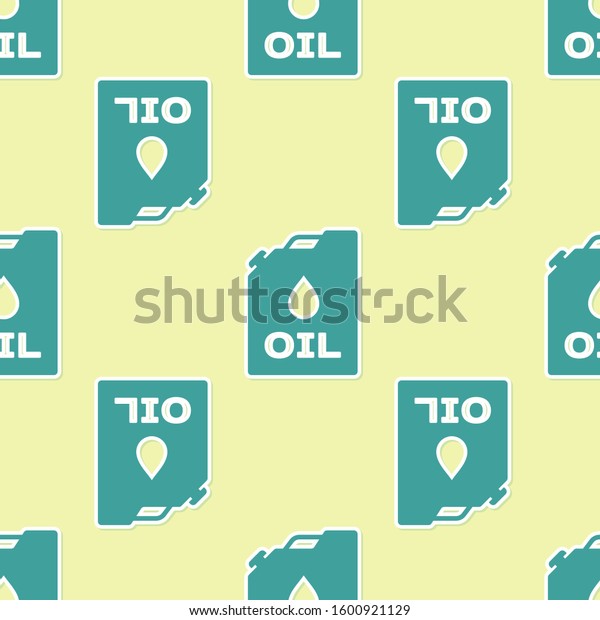 Green Plastic canister for\
motor machine oil icon isolated seamless pattern on yellow\
background. Oil gallon. Oil change service and repair. Engine oil\
sign. 