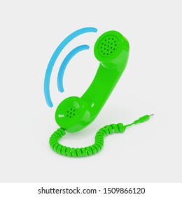 Green Plastic Handset Of An Old Telephone With Outgoing Blue Sound Waves Connected To A Green Swirl Wire With A Plug. Isolated On A White Background. 3d Render With Soft Shadows In Isometric View.