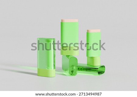 green plastic Sunscreen Stick packaging, oval shape Rotating cosmetic blush stick mockup, solid cream container with transparents green enclose cap, Push up Antiperspirant Deodorant Tube Packaging