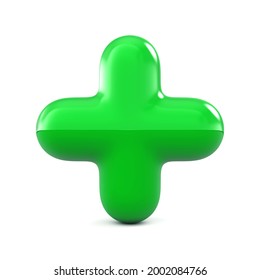 Green Plus Sign Isolated On White. 3d Illustration Of Glossy Green Pharmacy Cross Icon.