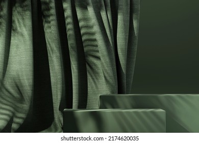 Green Podium With Dark Green Fabric, Cloth, Tropic Leaves Shadows Summer Background, Mockup For Branding, Exhibitions And Product Presentation. Abstract Minimal Fall Fashion Background. 3d Render