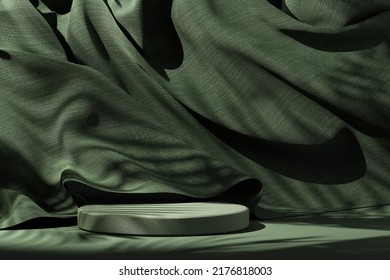 Green Podium With Dark Green Fabric, Cloth, Tropic Leaves Shadows Summer Background, Mockup For Branding, Exhibitions And Product Presentation. Abstract Minimal Fall Fashion Background. 3d Render