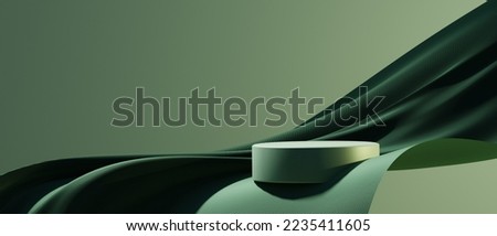 Green podium display with satin wave curtain on green background. Empty pedestal for natural cosmetics products presentation. Minimal abstract background with round stand. 3d rendering. [[stock_photo]] © 