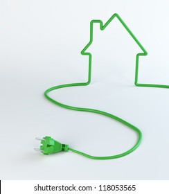 Green Power Cord Shaped Like A House - Renewable Energy Concept