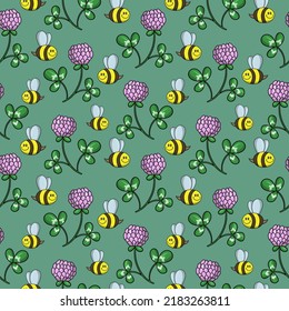 Green print for children, a little bee collects honey and clover flowers, seamless square pattern in cartoon style on a green background.