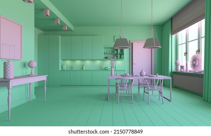 Green And Purple Kitchen Interior. 3d Rendering Concept Idea