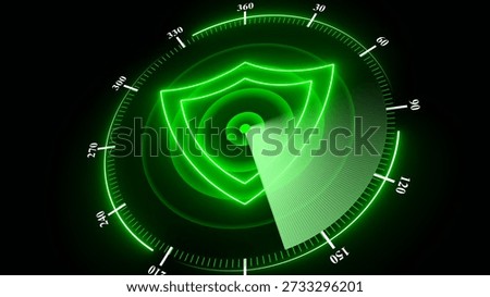 Green radar screen displaying a shield symbol and concentric circles with a scanning beam technology