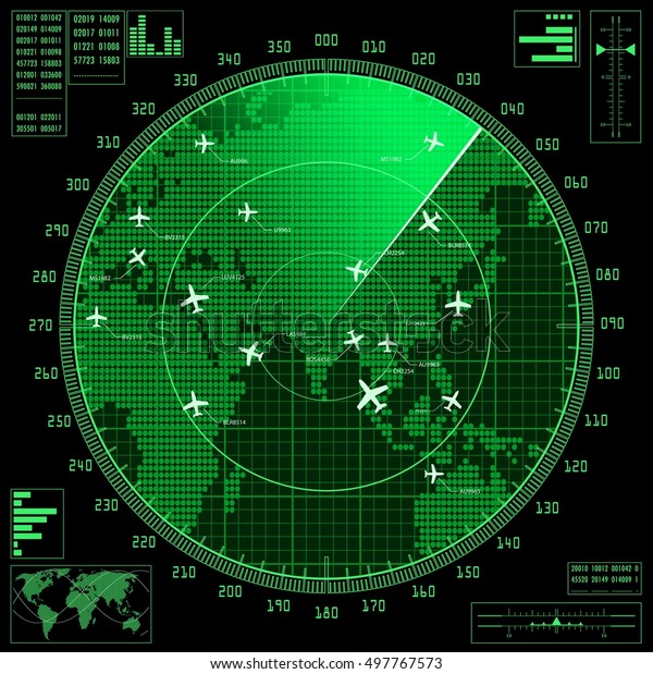 平面とワールドマップを持つ緑のレーダー画面 ラスター のイラスト素材