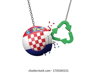 Green Recycle Symbol Crashing Into A Croatia Flag Ball. 3D Rendering