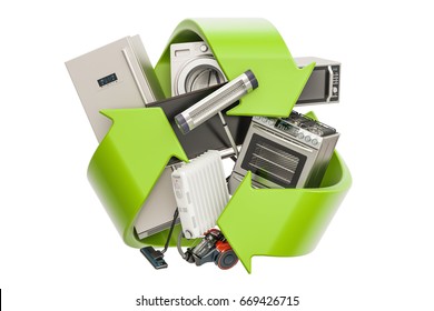 Green recycle symbol and household appliances  3D rendering