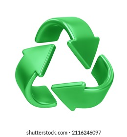 Green Recycling Symbol, Recycle Icon Isolated On White. 3D Rendering With Clipping Path