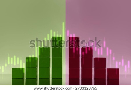 Green and red bar charts with fluctuating lines. Concept of volatile market, economic uncertainty, investment risk, and financial instability
