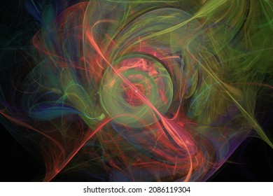 Green Red Blue Curves Waves With A Sphere. Abstract Image. 3D Fractal Rendering