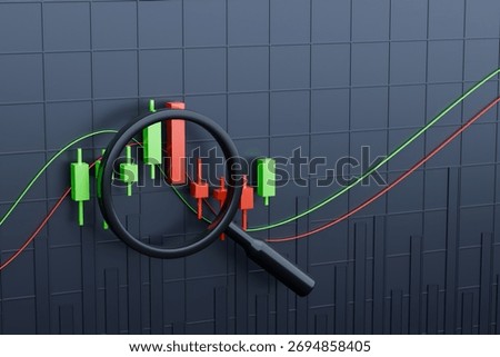 Green and red candlestick pattern with curved MA lines, inspected through a magnifying glass. Modern finance background with room for headlines.