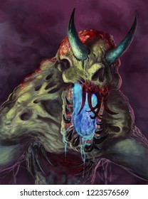 Green And Red Demon With Eye Horns And Glowing Mouth - Digital Fantasy Painting