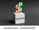 Green and red houses act as votes being put into a white ballot drop box on black background. 3D illustration of the impact of generation election or president election to housing policies