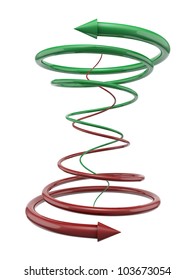 Green and red spiral lines with arrows on white background