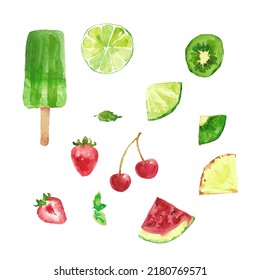 Green Red Summer Fruits, Ice Cream - Watermelon, Kiwi, Cherry, Lime - Watercolor Illustration	