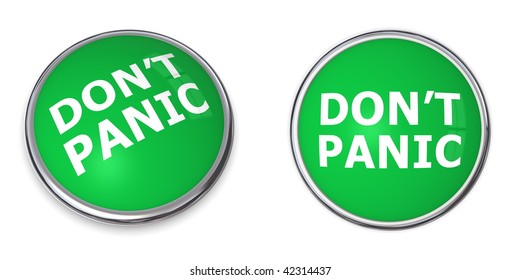 green rendered 3d button with white word don't panic