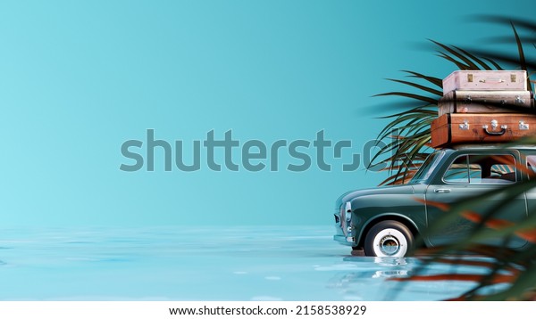 Green retro car with\
luggage on the roof and palm tree on blue background 3D Rendering,\
3D Illustration