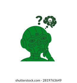 Green robot head thinking with question mark and brain lightbulb. AI idea problem solving technology vector white
