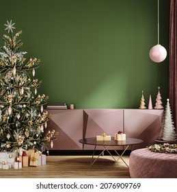 Green Room Decorated For Christmas, Wall Mockup, 3d Render