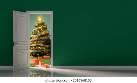 Green room with an open white door revealing a decorated christmas tree and gift boxes on a marble floor. 3d rendering - Powered by Shutterstock