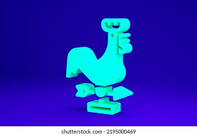 Green Rooster Weather Vane Icon Isolated On Blue Background. Weathercock Sign. Windvane Rooster. Minimalism Concept. 3d Illustration 3D Render.