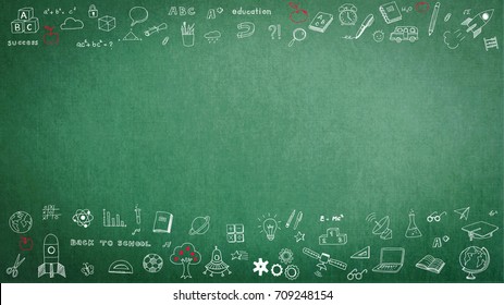 Green school teacher's chalkboard background with doodle and blank copyspace for childhood imagination and education success concept