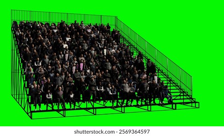 Green Screen 3D Crowd on Grandstand, Front View People Sitting and Walking for Sport Scene. 3D illustration