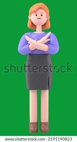 Green Screen Mock-up. Format 16:9.3D illustration of smiling businesswoman Ellen says NO with the gesture, crosses her hands on Green Screen for footage and clipping path.
 [[stock_photo]] © 