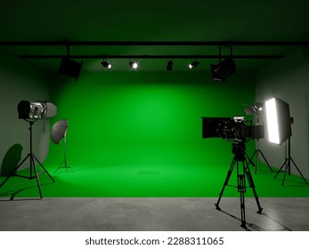 green screen photo studio with lighting and movie camera. 3D rendering - Powered by Shutterstock