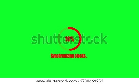 A green screen with a red circular progress bar showing 16 percent completion and the text synchronizing clocks