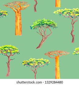 Green seamless pattern with African trees illustration watercolor pencil.