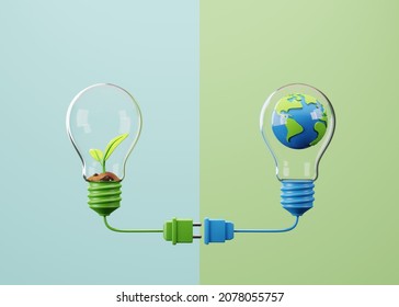 Green seedlings and Earth planet inside light bulb with power plug. Environmentally friendly sources of energy on green background. ecology concept design. 3D illustration