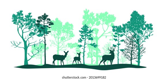 Green set of trees of different shapes and sizes, deer, doe, fawn. Brush. Silhouettes of forest and animals. Illustration isolated on white background.