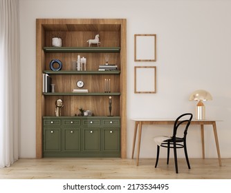 green   shelf cabinet built in wood wall cabinet with prop behind working table and black chair with gold lamp in front of wood frame on white wall interior 3d render, working room design farmhouse 