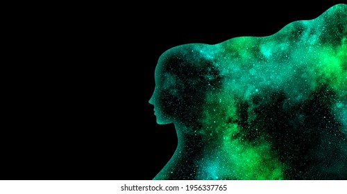 Green Shining Star Universe In The Shape Of A Woman's Profile Silhouette On A Black Background