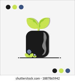 Green Shoots Illustration With Black Poly Bag And Little Flowers. Grey Background And Cam Used To T-shirt Design And Icon