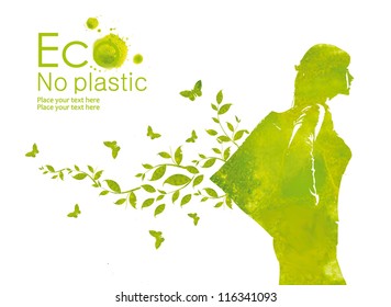 Green shopping bag. Illustration environmentally friendly planet.A person with eco bag instead of a plastic package from watercolor stains.Think Green. No plastic. Ecology Concept. - Powered by Shutterstock