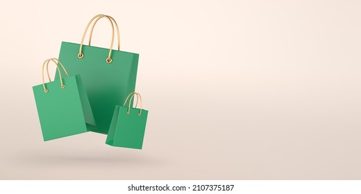Green shopping bags with golden handles flying. Beige background, minimal design. Banner, poster, postcard, flyer. 3d rendering.