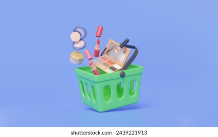 Green shopping baskets maketing promotion sale cosmetics skincare perfect look product makeup beauty mascara, lipstick, brush, powder, cream, banner. 3d render illustration - Powered by Shutterstock