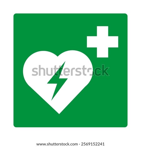 Green sign automatic external defibrillator. Location the AED automatic external defibrillator for emergency assistance in cases heart attack or sudden cardiac arrest. Providing first aid. Iso 7010
