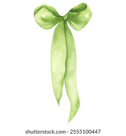 Green silk bow watercolor illustration .Hand drawn girly pastel color ribbon for birthday greeting card, Easter party invitation, spring festive poster design. Cute hairdressing element. - Powered by Shutterstock