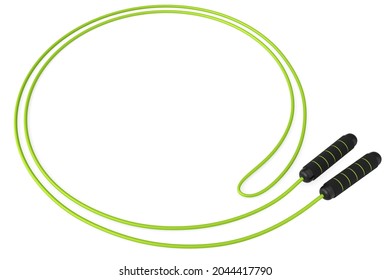 Green Skipping Rope Or Jumping Rope Isolated On White Background. 3d Rendering Of Sport Equipment For Active Training, Workout Or Exercises In Gym