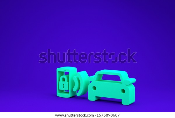 Green Smart car alarm\
system icon isolated on blue background. The smartphone controls\
the car security on the wireless. Minimalism concept. 3d\
illustration 3D\
render