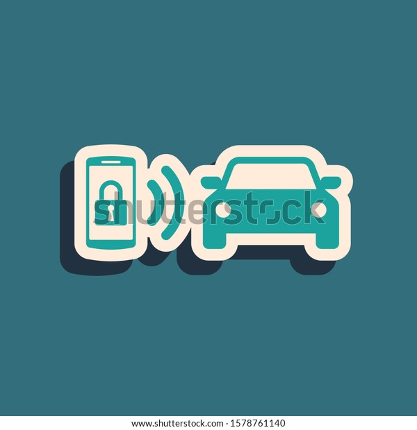 Green Smart car alarm system icon isolated on\
blue background. The smartphone controls the car security on the\
wireless. Long shadow style.\

