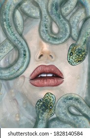 Green snakes on woman face in water. Hand drawn watercolor realistic reptiles, sexy woman lips, underwater. Contemporary lodge wall art. Trendy design for canvases.